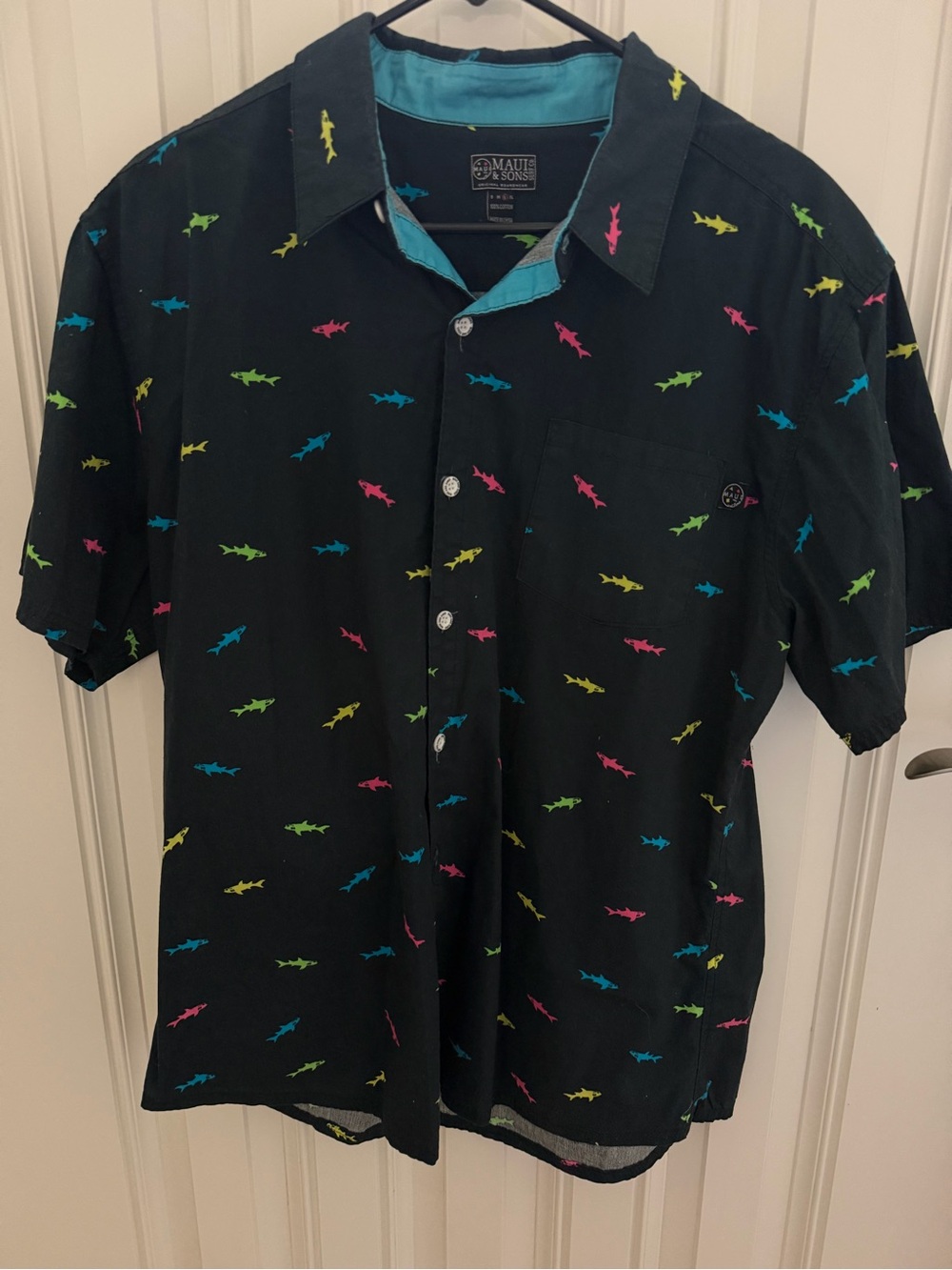 Maui and Sons Black Short-Sleeve Shirt with Neon Shark Print